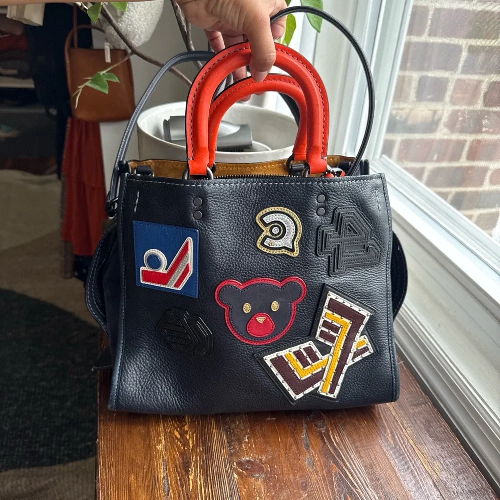Coach Black Leather Patchwork Tote with Red Handles - Picture 1 of 8